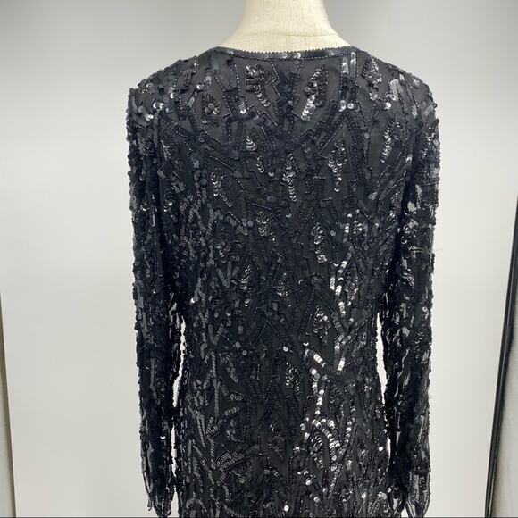 Vintage 80's black silk/bead/sequin midi shift dress shark tooth hem size Medium - Picture 7 of 13